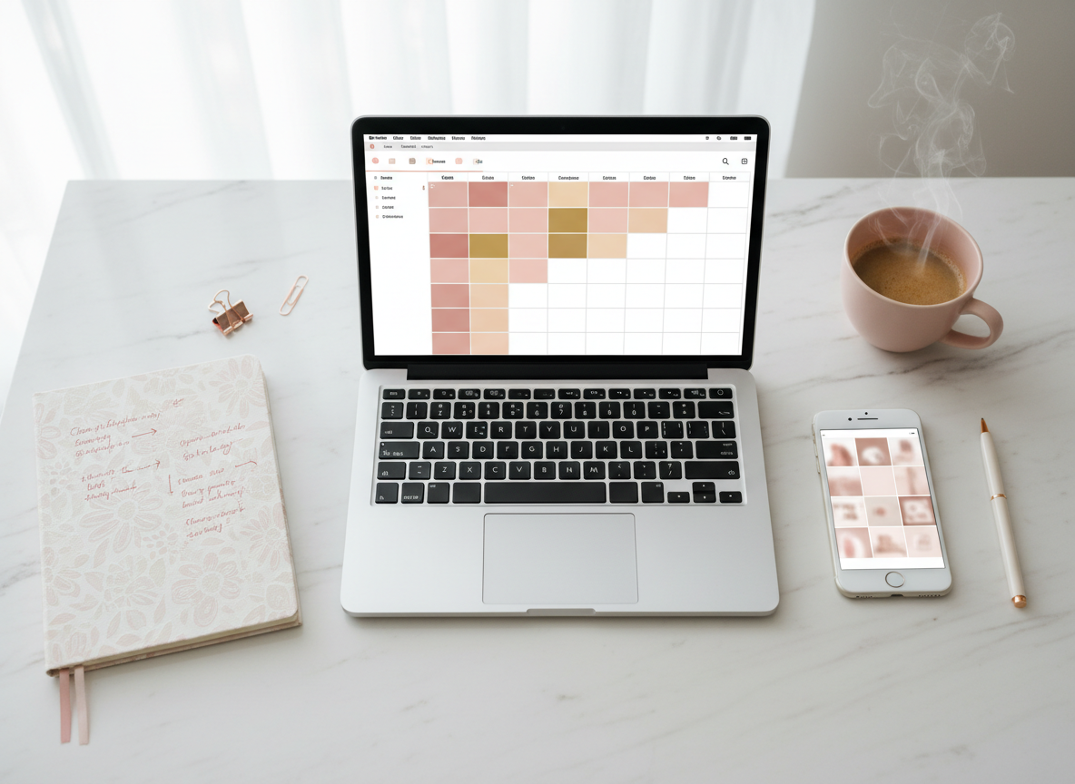 A sleek, modern workspace flatlay with a laptop open to a social media content calendar, a stylish notebook with handwritten strategy notes, a smartphone displaying a clean Instagram grid, and a cup of coffee. Soft natural light, feminine and professional aesthetic with blush pink and cream tones. Clean, minimal, and polished — conveying strategic content creation, brand storytelling, and digital marketing. No people, no readable text.
