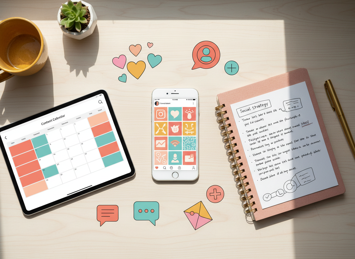A vibrant, modern flatlay showing a smartphone displaying a clean, colorful Instagram feed grid, a content scheduling app on a tablet, and a notebook with a social media strategy plan. Small icons of hearts, comments, and followers scattered as decorative elements. Bright, feminine, and professional aesthetic with warm tones and a pop of color. Soft natural light, no people, no readable text. Conveys social media growth, community management, and audience engagement.