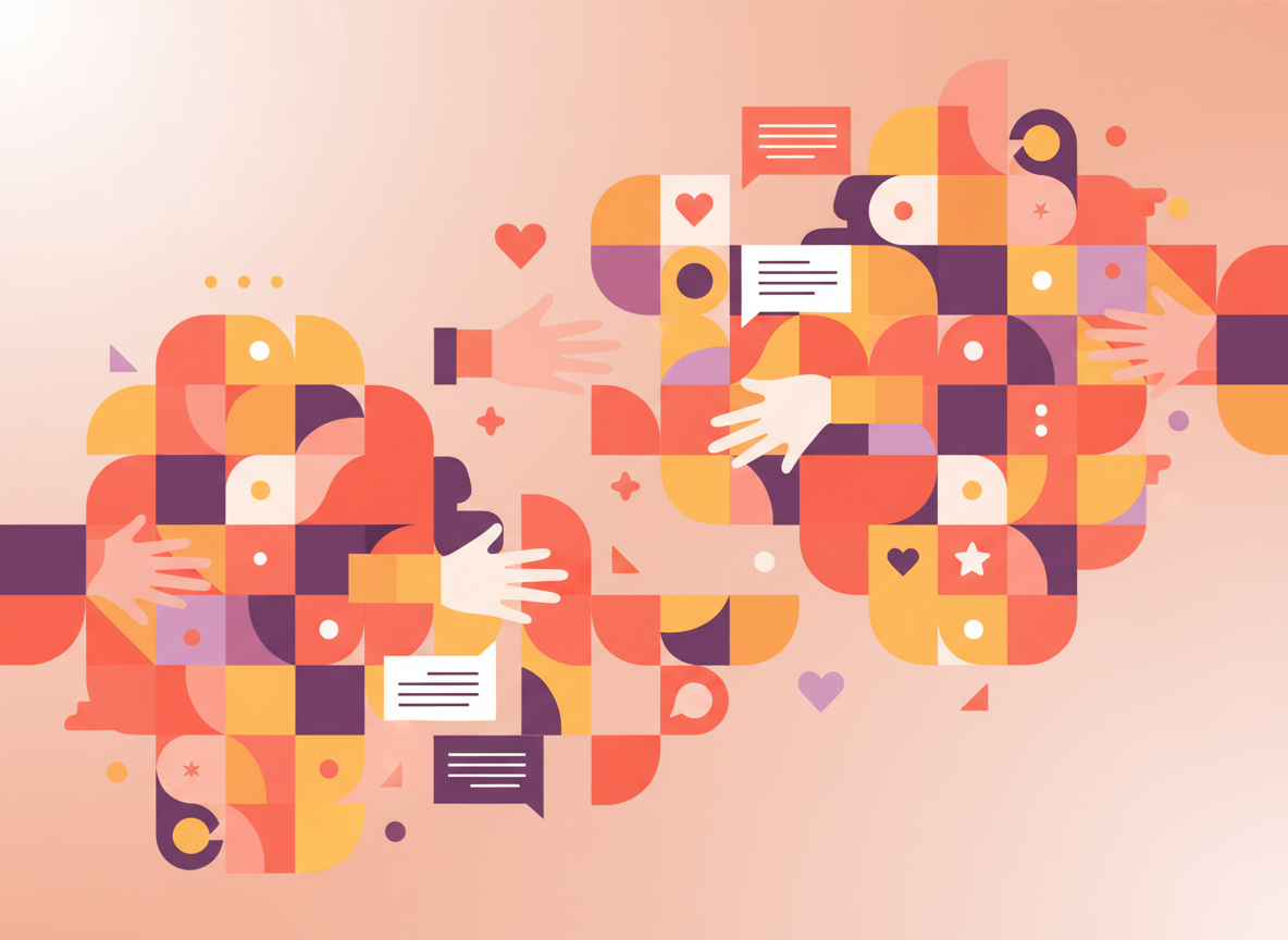 An abstract, illustrated concept of community engagement — colorful geometric shapes representing people connecting, hands reaching toward each other, speech bubbles, hearts, and stars overlapping in a vibrant, modern graphic art style. Warm tones with pops of purple, pink, and coral. Flat design, no realistic photography, no computers, no screens. Conveys campaigns, partnerships, events, and building lasting relationships. Clean, modern, and professional with a feminine touch.