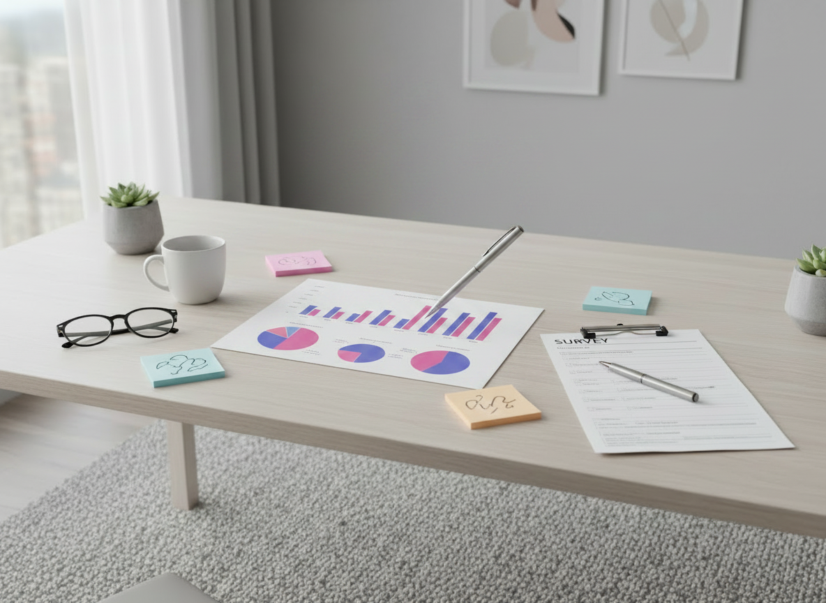 A clean, modern flat-lay style image representing market research and data analysis — featuring a printed spreadsheet with colorful bar charts and pie charts, a pen marking insights, sticky notes with bullet points, and a clipboard with a survey form. Soft natural light, professional and polished aesthetic with neutral tones and a pop of pink or purple. No computers, no screens, no laptops. No people, no readable text. Conveys data-driven decision making and turning survey insights into clear marketing recommendations.