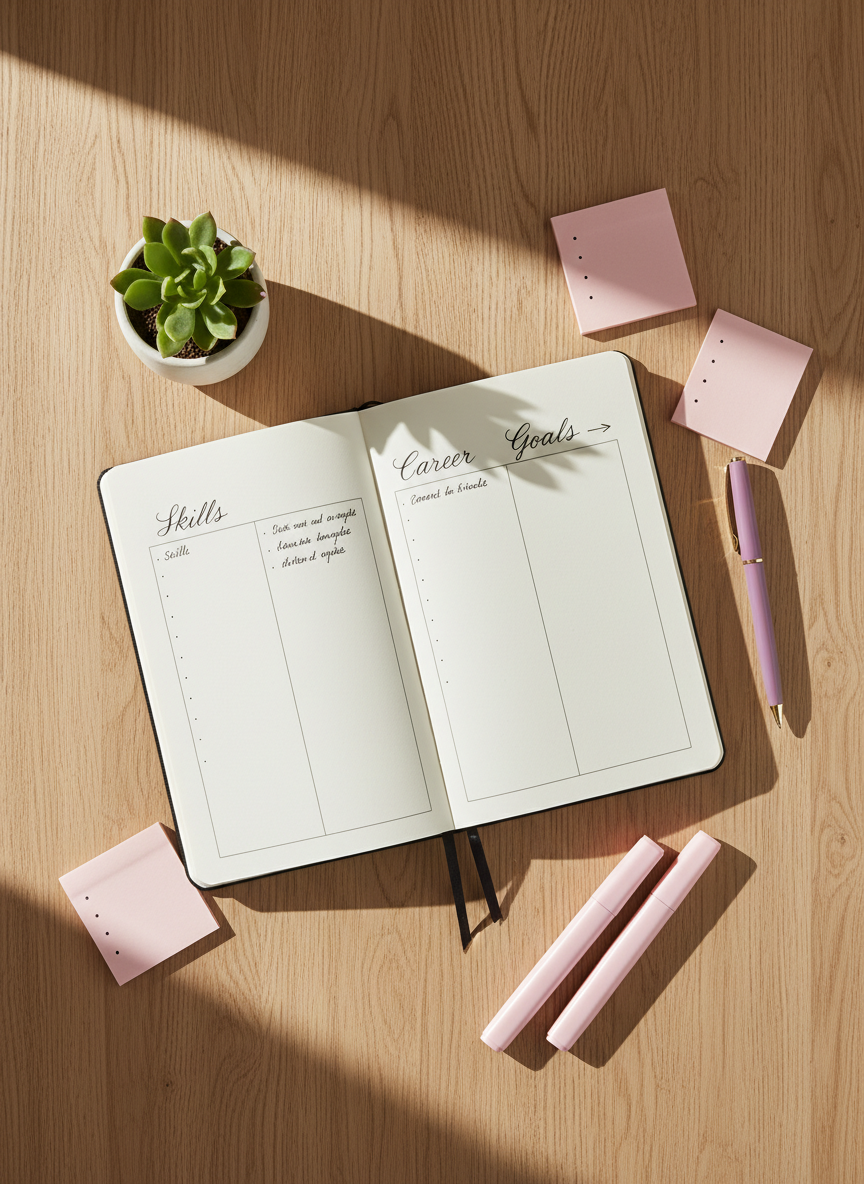 A bright, airy portrait-orientation flatlay on a light natural oak wood surface — a notebook open to handwritten skill lists and career goals, a purple pen, pink sticky notes with bullet points, small potted succulent, and pastel pink highlighters. Soft natural daylight from the side, warm feminine color palette with pops of pink, purple, and cream. No laptops, no screens, no people, no readable text. Clean, minimal, polished and professional yet approachable.