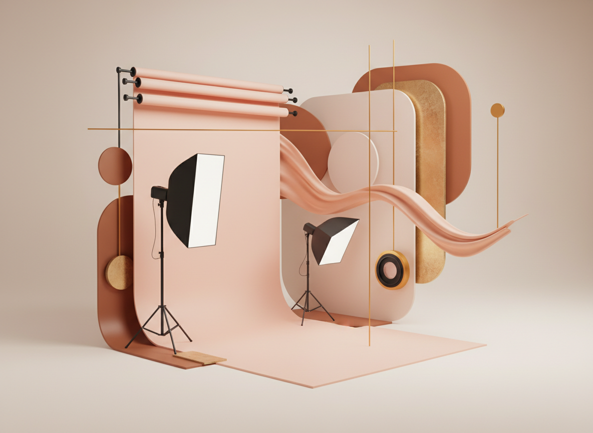 Abstract professional creative-agency composition in warm rose, amber, and cream tones. Soft shapes suggesting a photo studio, lighting, and art direction. Modern, elegant, minimal. Soft neutral background.