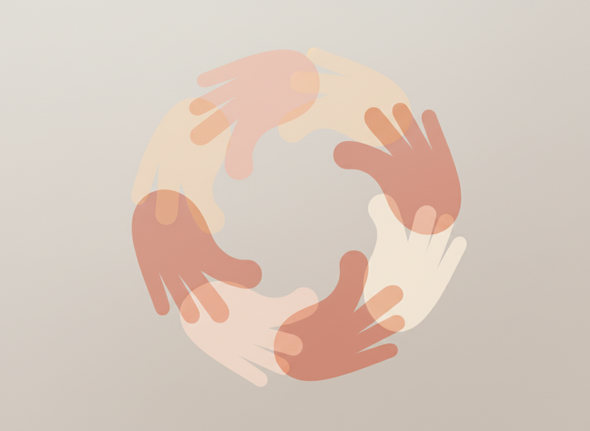 Abstract professional marketing composition in warm rose, blush pink, and cream tones. Soft inclusive overlapping shapes suggesting outreach, connection, and belonging. Contemporary, warm, minimal. Soft neutral background.