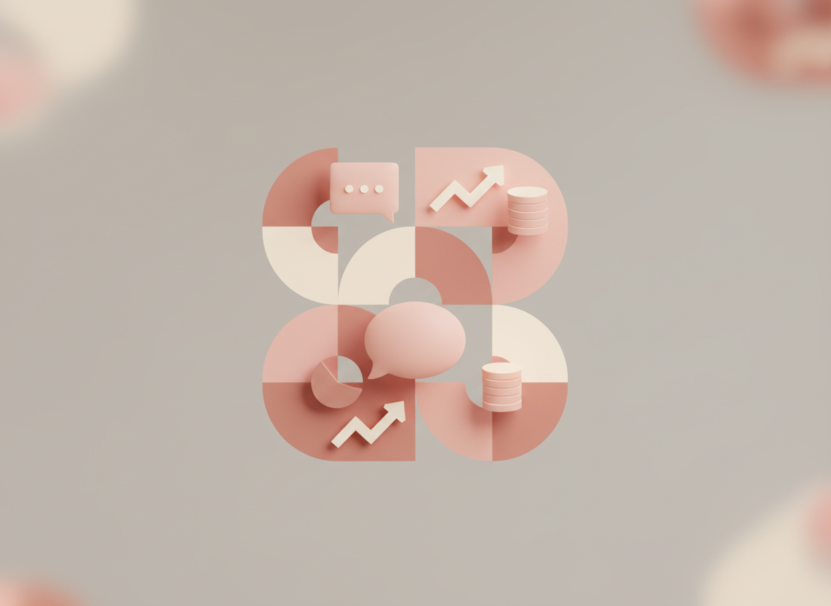 Abstract professional marketing composition in warm rose, blush, and cream tones. Soft geometric shapes suggesting community, communication, and financial approachability. Modern, clean, minimal. Soft neutral background.