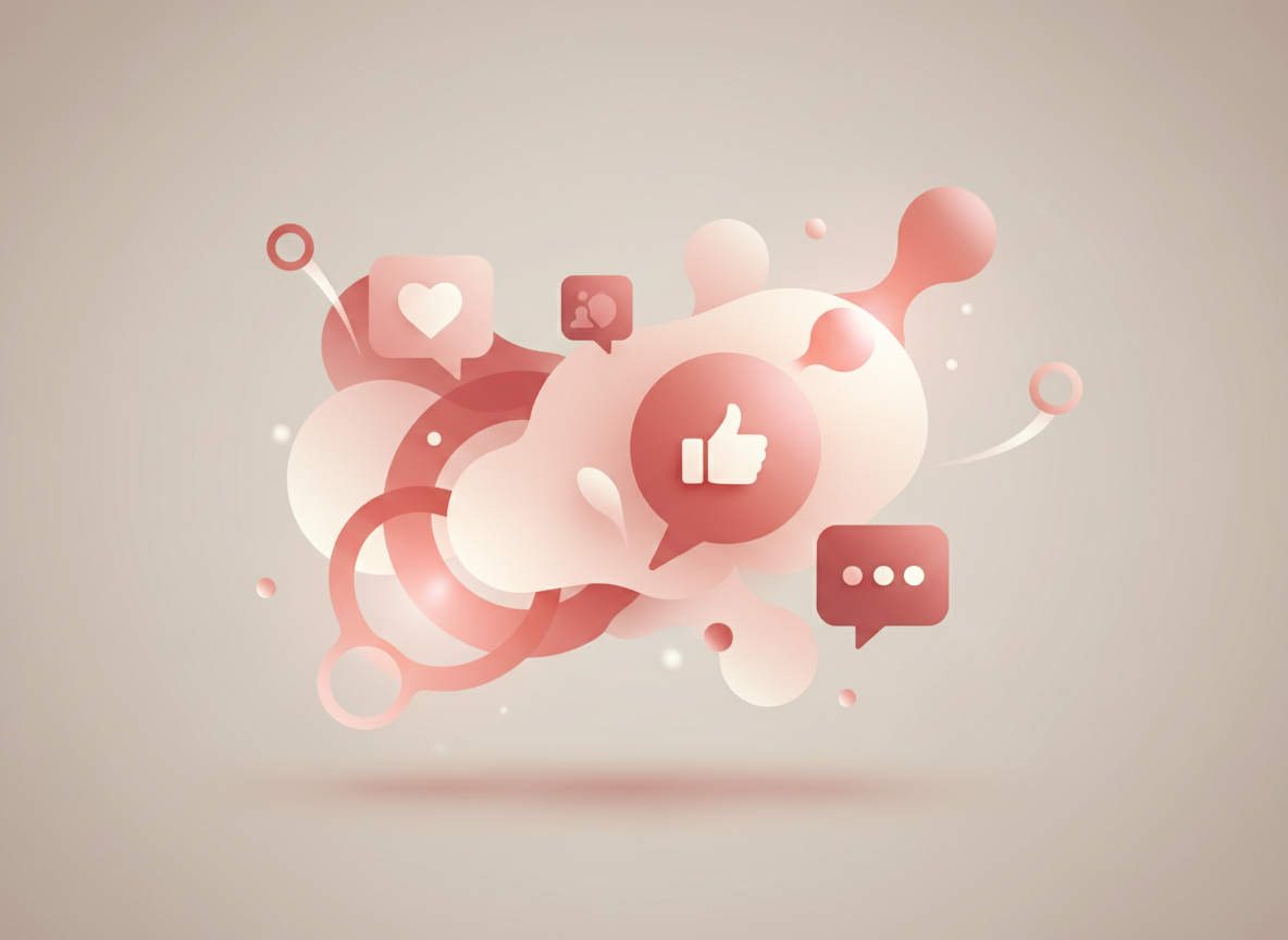Abstract professional marketing composition in warm rose, blush pink, and cream tones. Soft flowing shapes suggesting social media content, speech bubbles, and connection. Contemporary, minimal, empathetic mood. Soft neutral background, elegant and approachable.