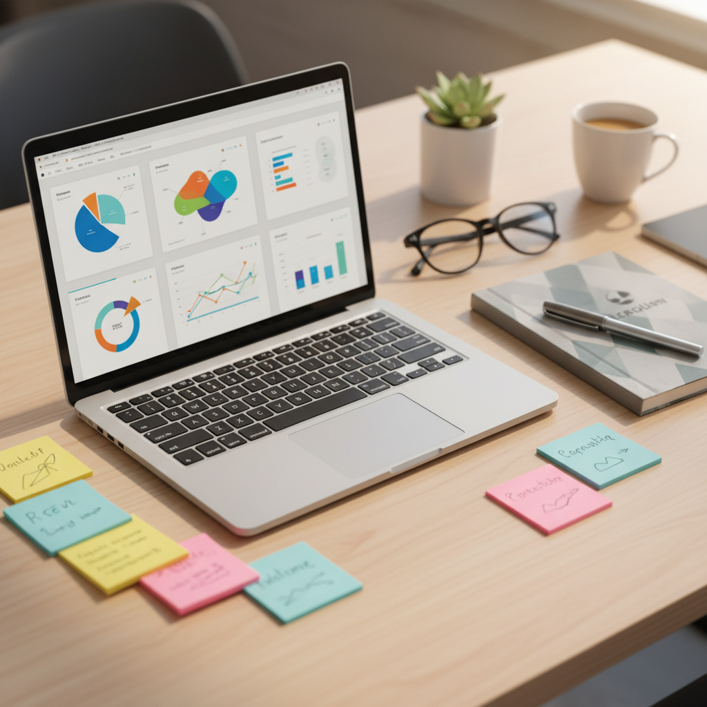 A professional marketing-themed flat lay shot from a slightly elevated angle — a clean desk with a laptop showing abstract analytics dashboards, scattered color-coded sticky notes, a branded notebook, and a sleek pen. Warm, focused lighting with strong depth of field. Photographic realism, collaborative and strategic mood, no people, no readable text. Matches the aesthetic of a modern marketing professional's workspace.
