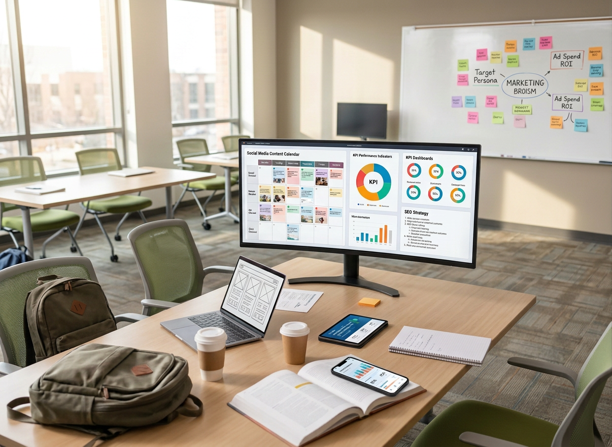 Four people discussing social media content calendar and KPI charts on a computer screen