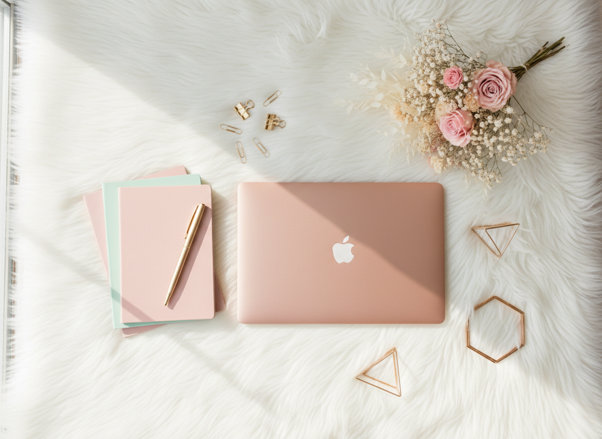 Feminine creative workspace flatlay with rose gold laptop, pastel stationery, and gold accents on a soft white background