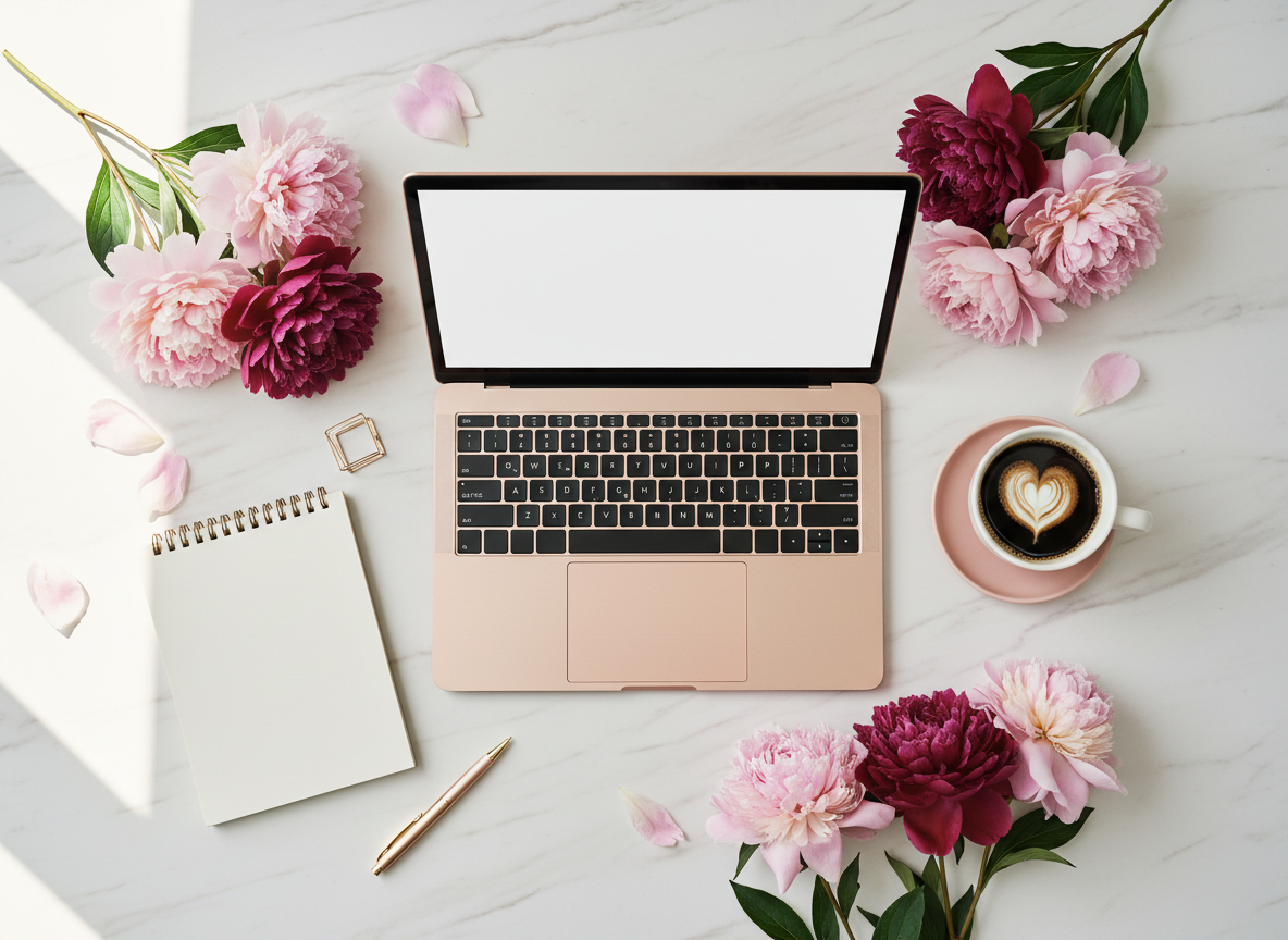 A softly lit feminine workspace with a laptop, coffee, notebook, and pink peonies on a marble desk