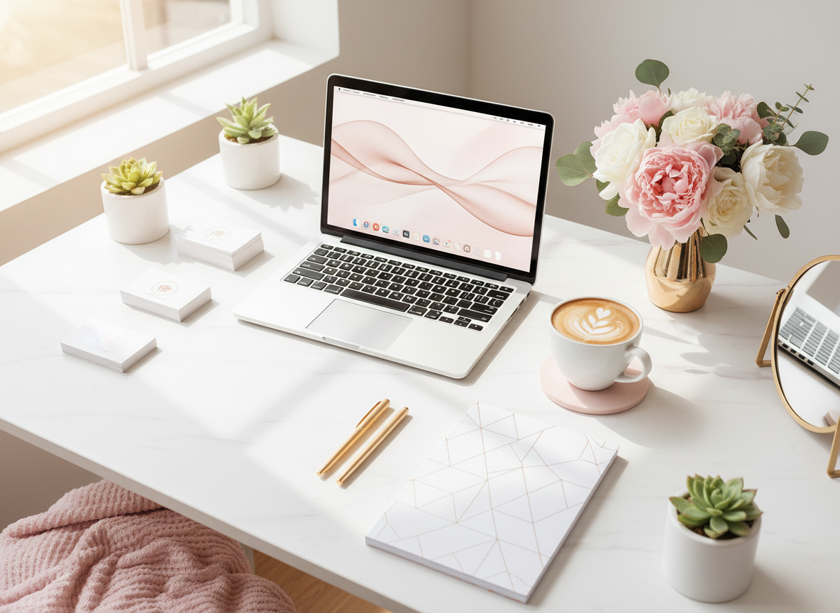 A warm, modern lifestyle photo aesthetic for a personal marketing professional's About page. Think soft natural light, a creative workspace or coffee shop setting, notebooks, a laptop, plants — approachable, polished, early-career energy. Clean composition, muted warm tones, no people.