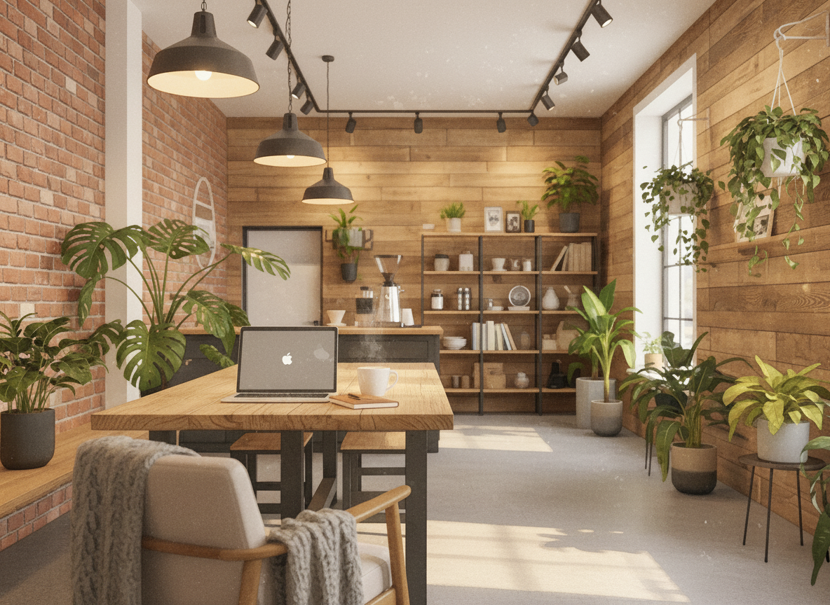 A watercolor painting illustration of a modern cozy coffee shop interior. A laptop sits open on a wooden table with a coffee cup beside it. Warm ambient lighting, exposed brick walls, hanging plants, soft warm tones. Artistic watercolor style with visible brush strokes and paint washes. No people. Painterly, illustrative, not photographic.